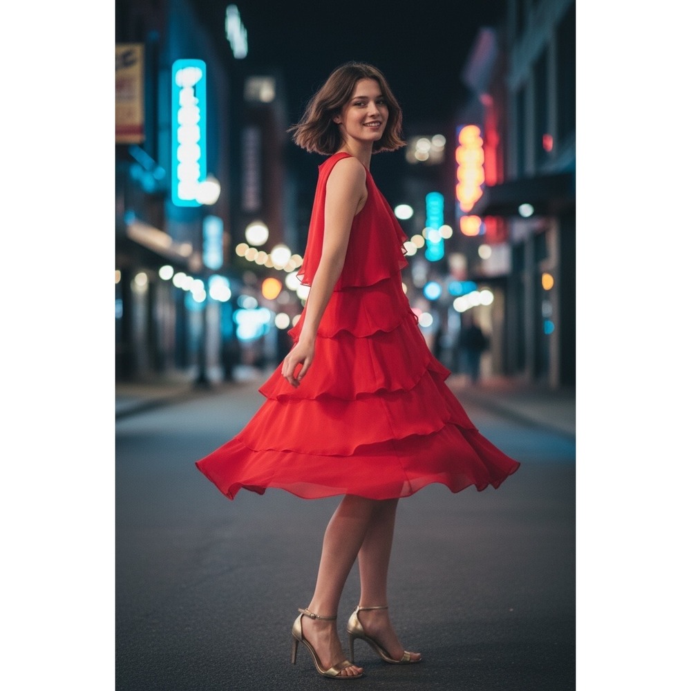 SLNY Pinkish Red Tiered Chiffon Cocktail Dress Sleeveless Ruffle Party Size 10